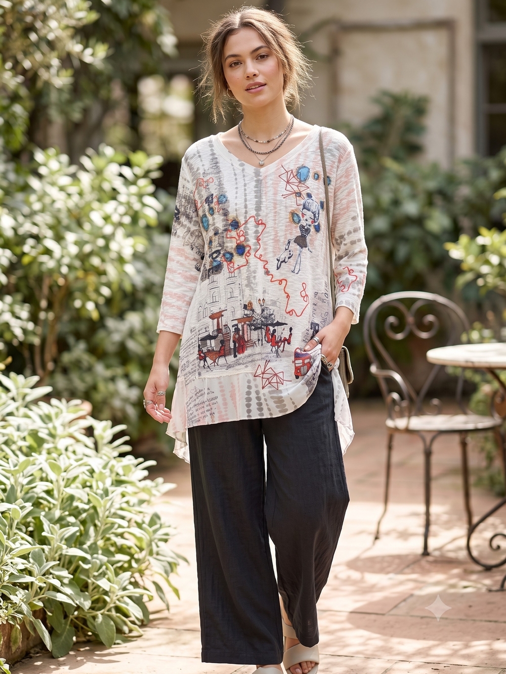 INOAH Art to Wear Doodlecore Sketch Print High Low Chiffon Hem Tunic Top